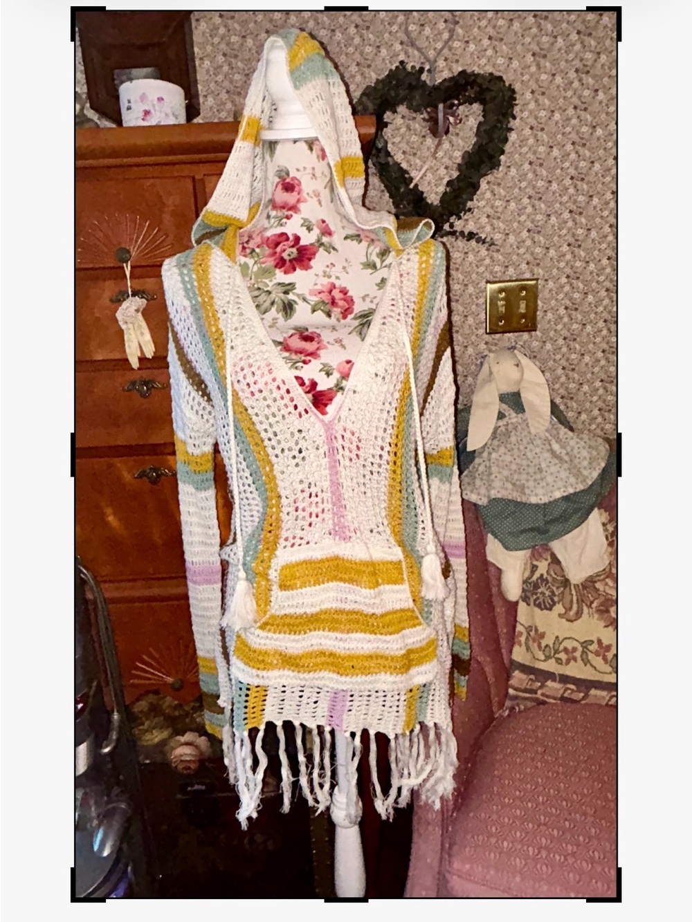 Striped Fringe Boho Crochet Hooded Beach Coverup w/ Front Pocket